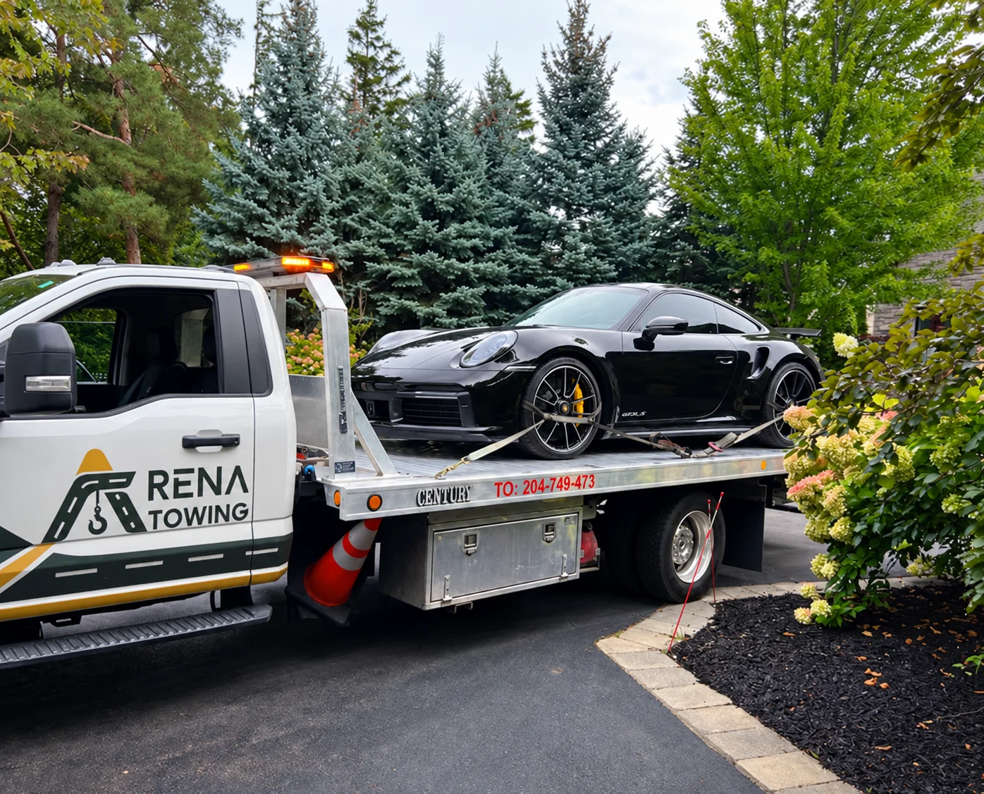Arena Towing identity on a truck carrying a black sports car — retouched client photograph