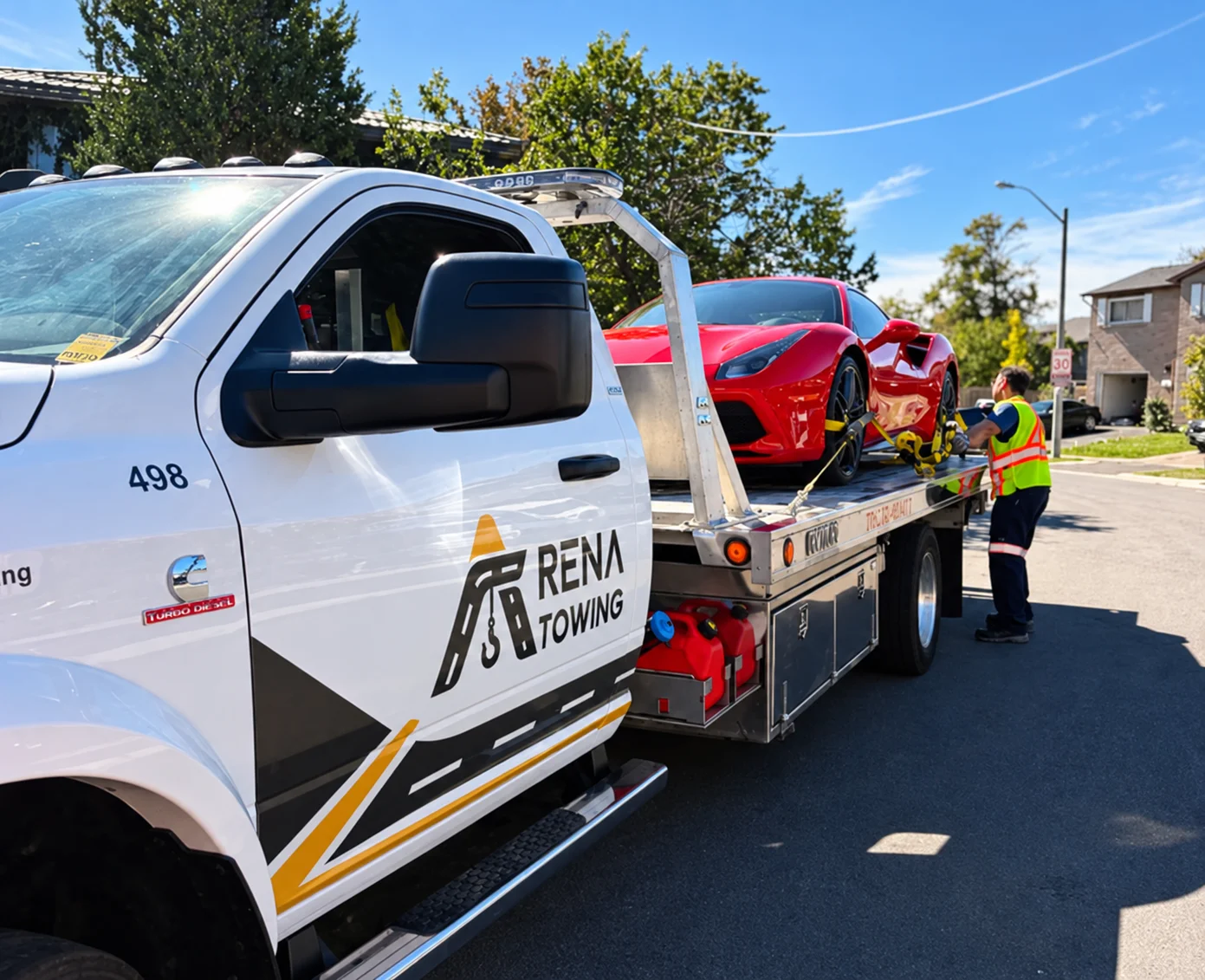 Arena Towing identity on a truck carrying a red sports car — retouched client photograph