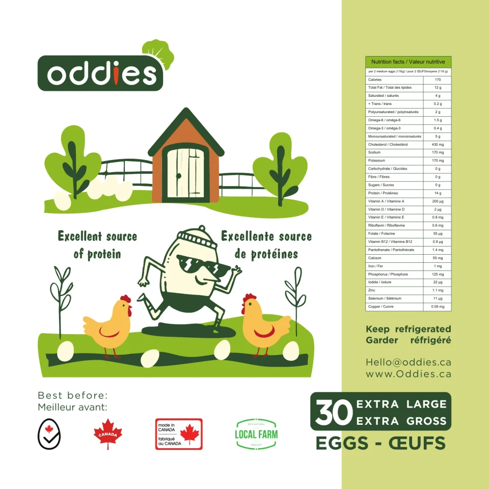 Oddies bilingual illustrated egg-label artwork