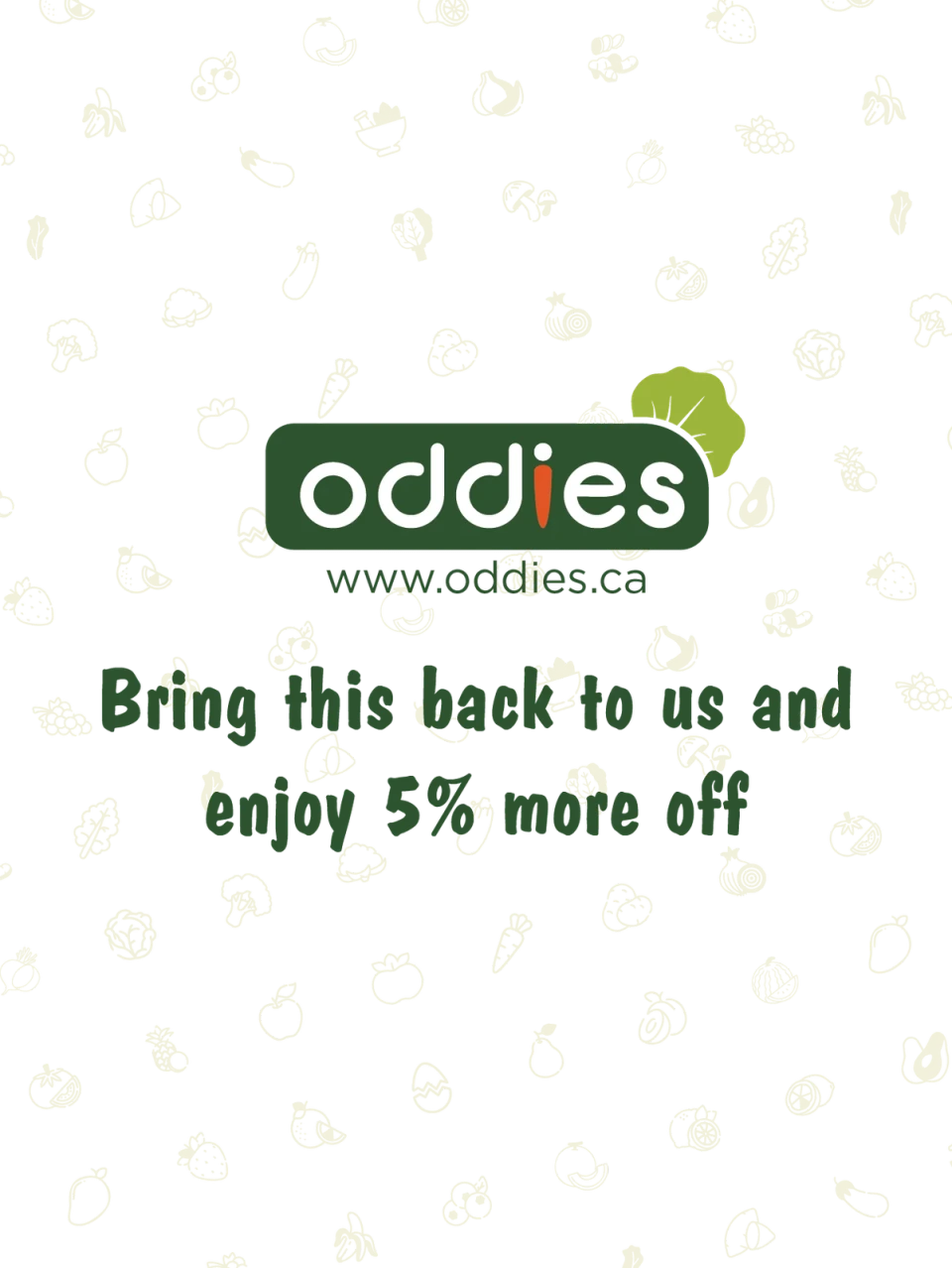 Oddies promotional card with logo and return offer