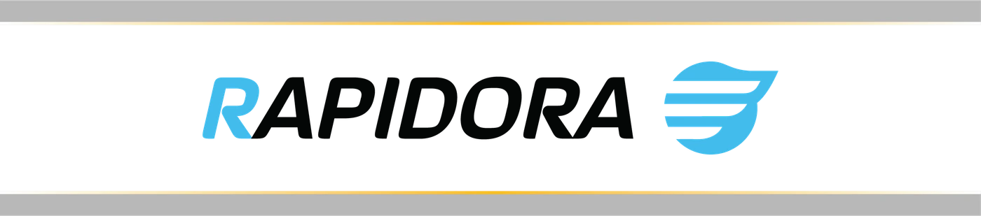 RAPIDORA logo with a cyan initial and symbol alongside a black slanted wordmark