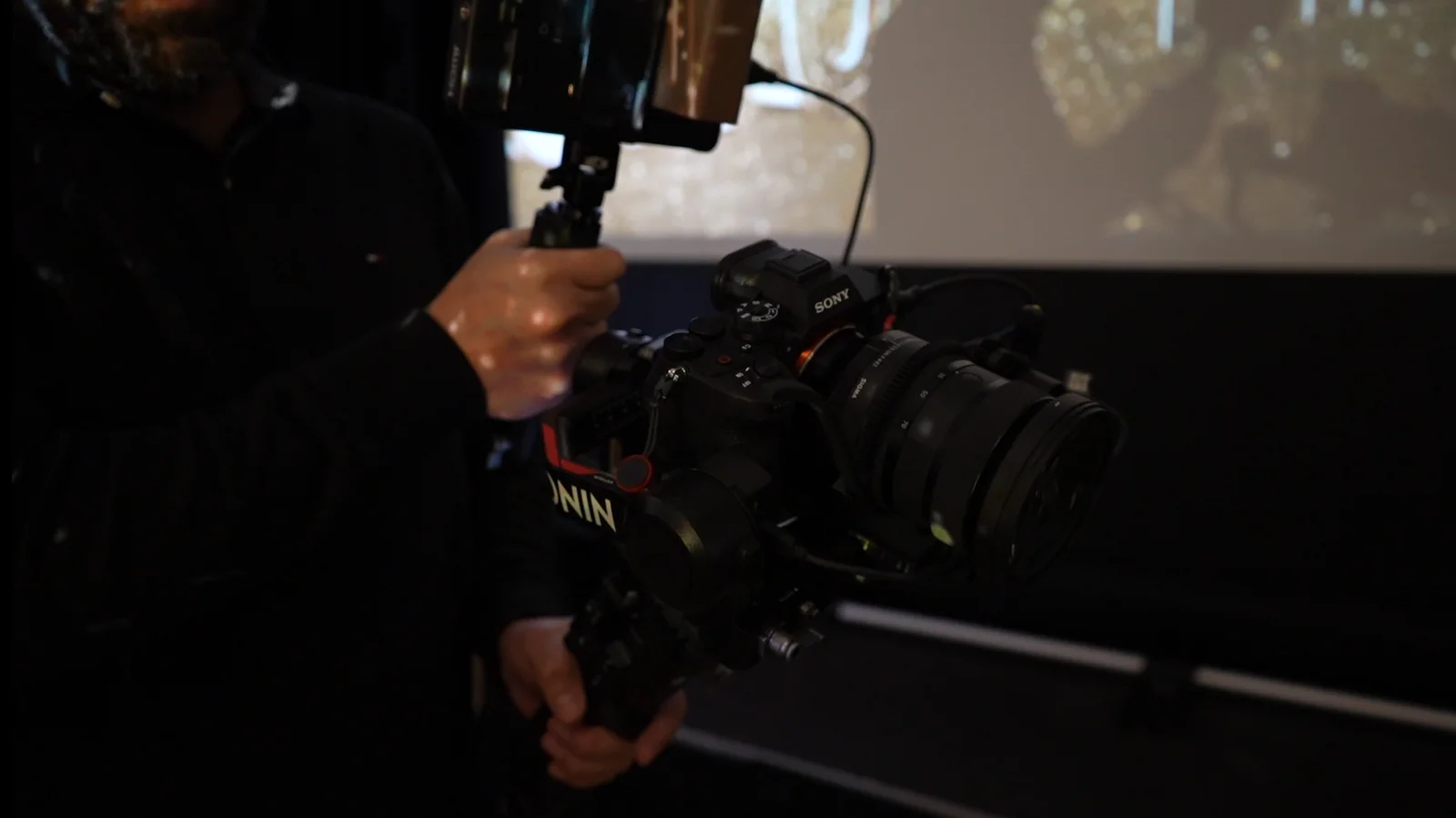 Close-up of camera and lens mounted on a Ronin stabilizer
