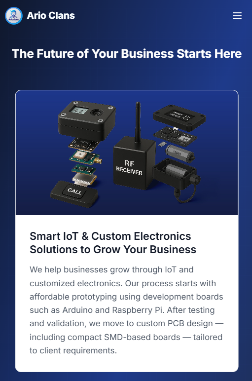 ArioClans mobile website — Smart IoT and Custom Electronics