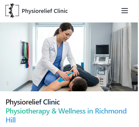 PhysioRelief Clinic mobile website showing physiotherapy and wellness services in Richmond Hill