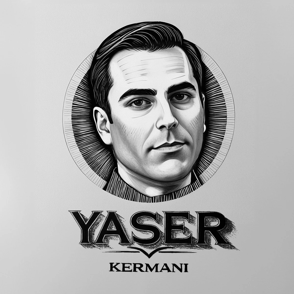 Monochrome illustrated portrait with Yaser Kermani lettering